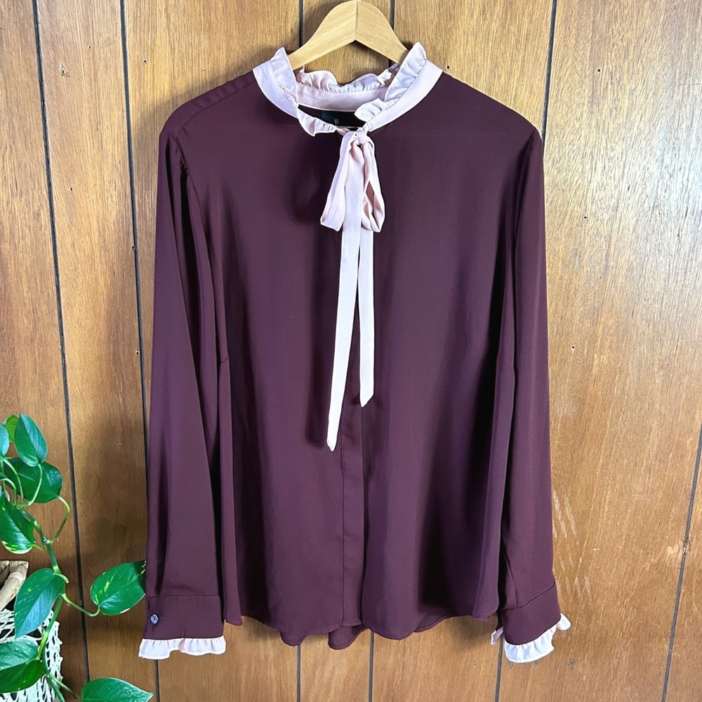 Worthington Woman Burgundy Blouse‎ Pink Ruffle Tie Neck Top 1X Feminine Career